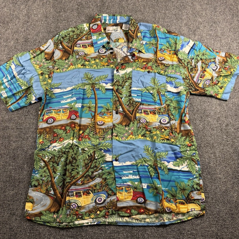 Monticerutti Hawaiian Shirt Mens L Blue Rayon Woody Car Tropical Beach Aloha